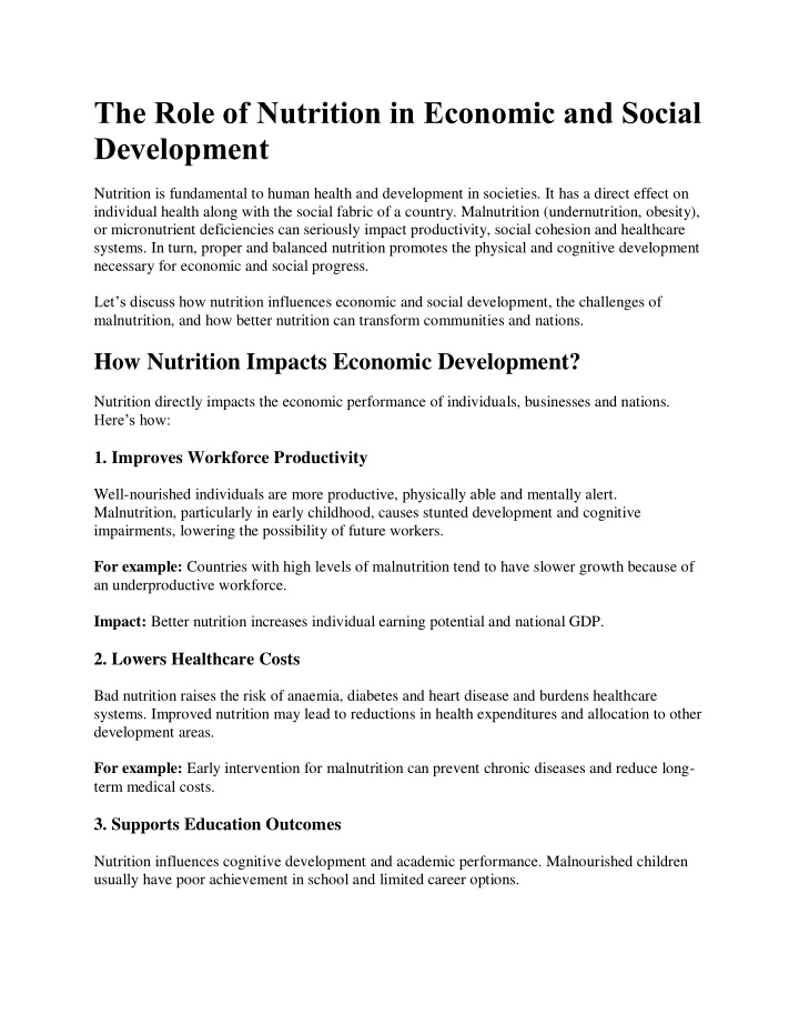 the role of nutrition in economic and social