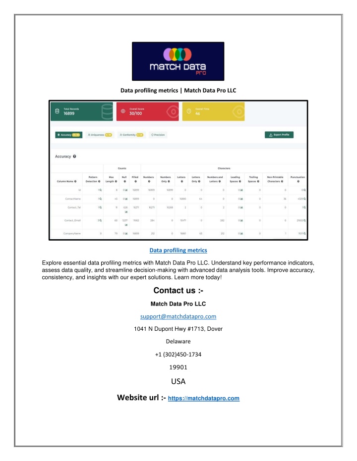 data profiling metrics match data pro llc