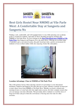 Best Girls Hostel Near NMIMS at Vile Parle West: A Comfortable Stay at Sangeeta