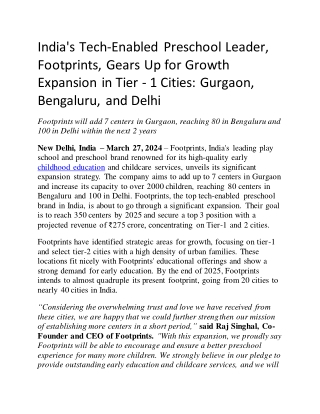 India's Tech-Enabled Preschool Leader, Footprints, Gears Up for Growth Expansion