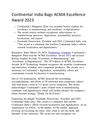 Continental India Bags ACMA Excellence Award 2023