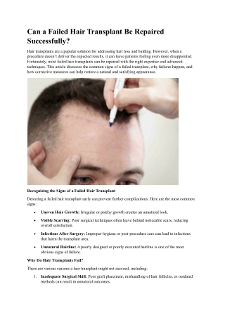 Can a Failed Hair Transplant Be Repaired Successfully