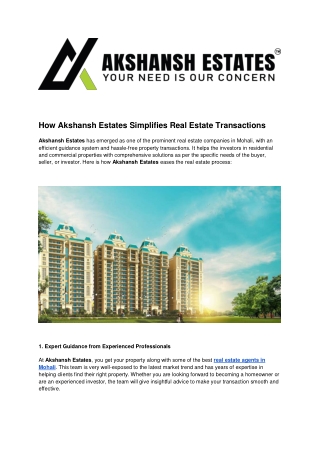Your Reliable Real Estate Company in Mohali for Buying, Selling, and Renting