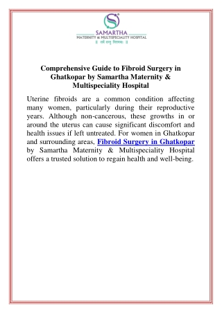 Comprehensive Guide to Fibroid Surgery in Ghatkopar by Samartha Maternity & Multispeciality Hospital