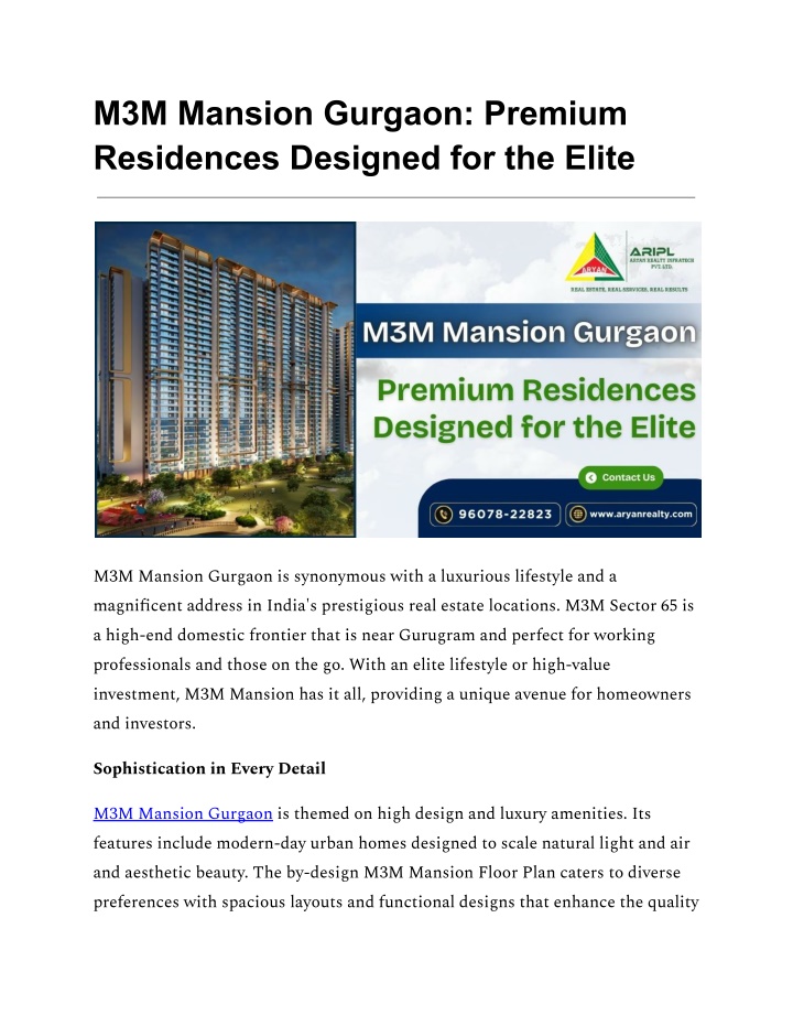 m3m mansion gurgaon premium residences designed