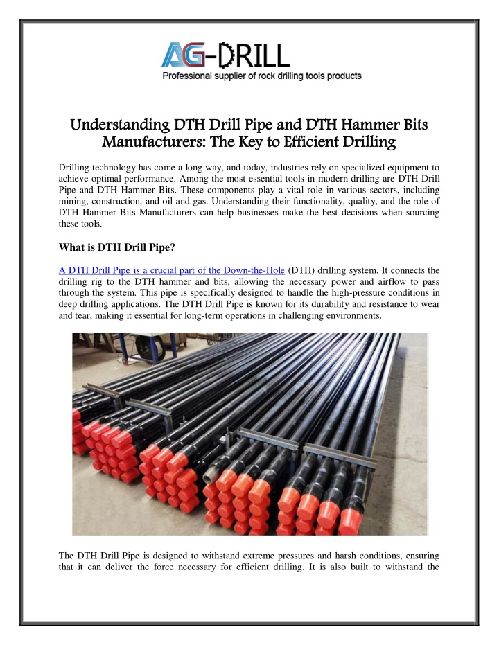 understanding dth drill pipe and dth hammer bits