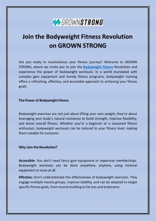 Join the Bodyweight Fitness Revolution on GROWN STRONG
