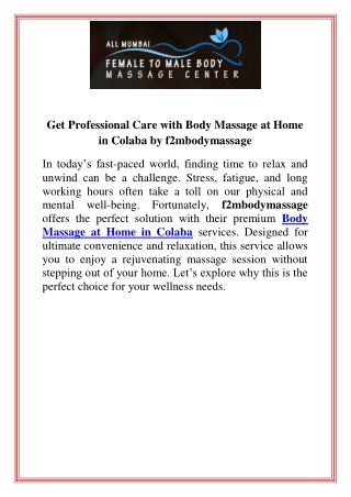 Get Professional Care with Body Massage at Home in Colaba by f2mbodymassage