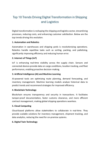 Top 10 Trends Driving Digital Transformation in Shipping and Logistics