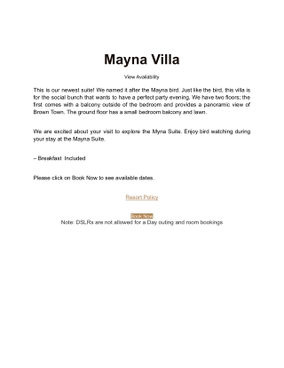 Mayna Villa  | Best resorts for outing- Browntown Resort