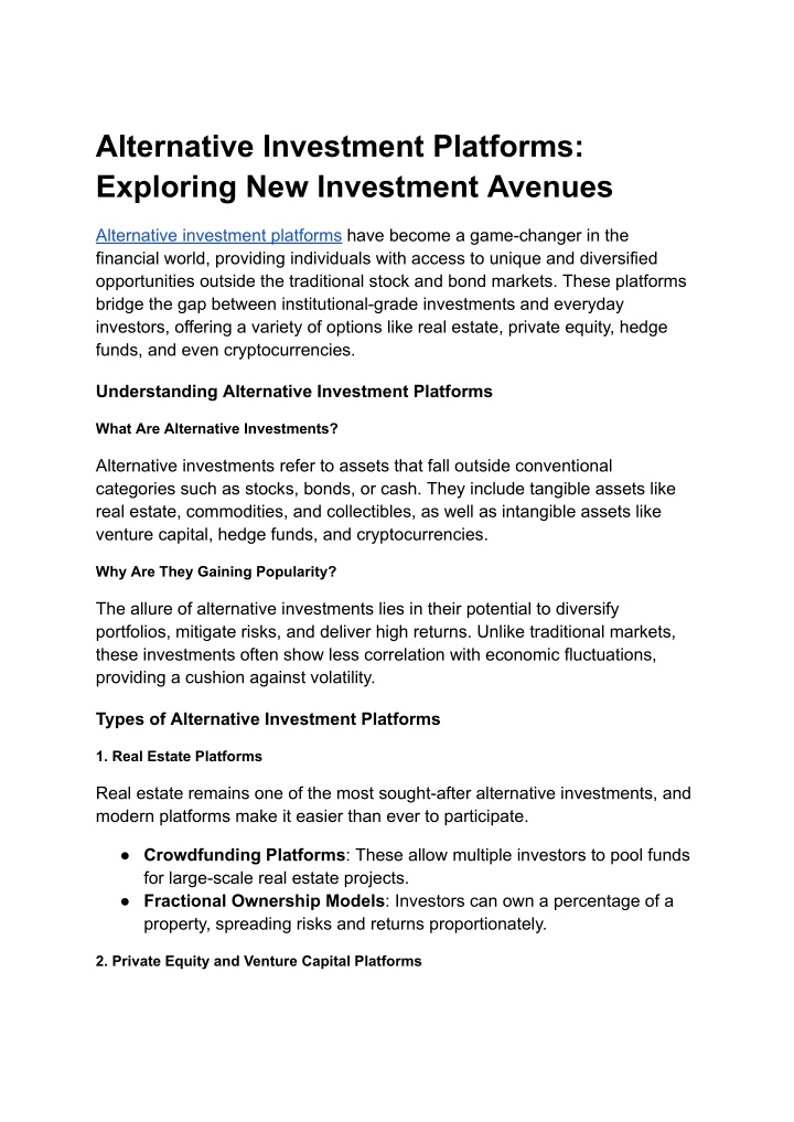 alternative investment platforms exploring