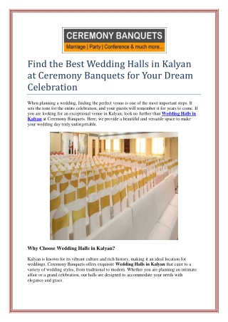 Find the Best Wedding Halls in Kalyan at Ceremony Banquets for Your Dream Celebr