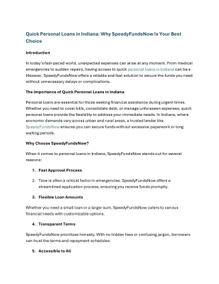 Quick Personal Loans in Indiana Why SpeedyFundsNow Is Your Best Choice
