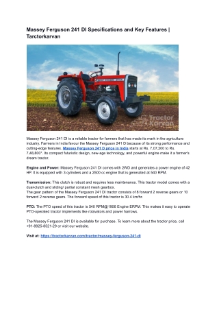 Massey Ferguson 241 DI Specifications and Key Features | Tarctorkarvan