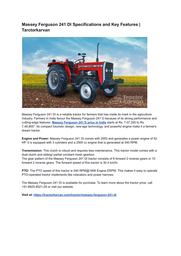 massey ferguson 241 di specifications