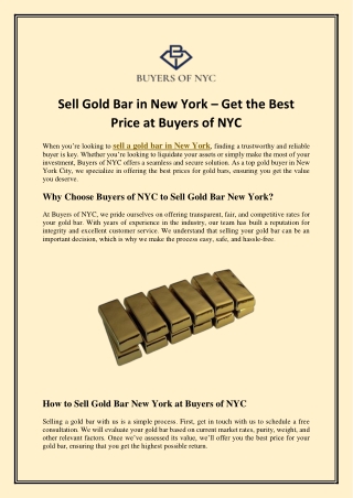 Sell Gold Bar in New York – Get the Best Price at Buyers of NYC