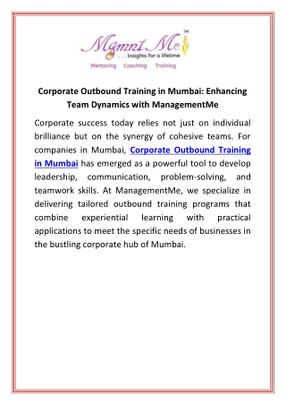 Corporate Outbound Training in Mumbai  Enhancing Team Dynamics with ManagementMe