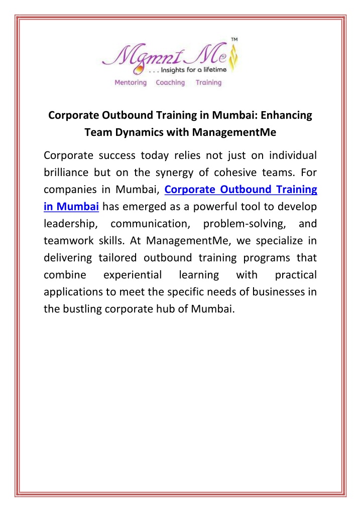 corporate outbound training in mumbai enhancing