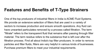 Features and Benefits of T-Type Strainers