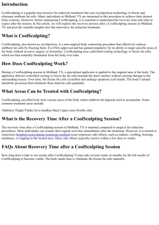 What is the Recovery Time after a CoolSculpting Session in Midland, TX?