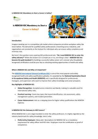 Is NEBOSH IGC Mandatory to Start a Career in Safety