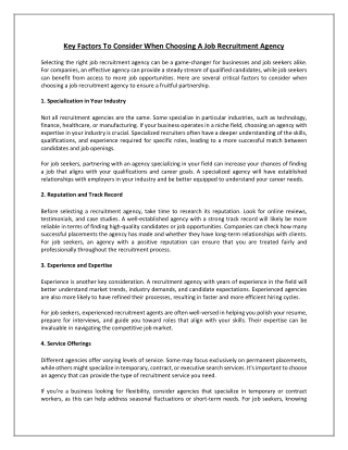 Key Factors to Consider When Choosing a Job Recruitment Agency