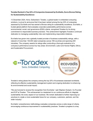 Toradex Ranked in Top 22% of Companies Assessed by EcoVadis, Earns Bronze Rating