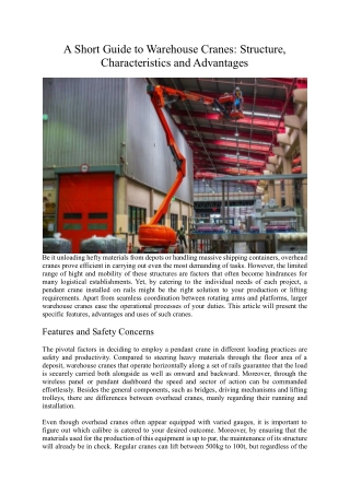 A Short Guide to Warehouse Cranes Structure, Characteristics and Advantages