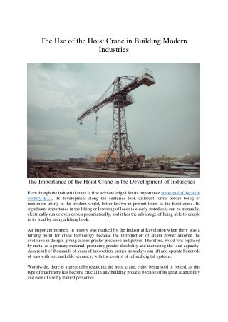 The Use of the Hoist Crane in Building Modern Industries