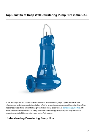 Top Benefits of Deep Well Dewatering Pump Hire in the UAE