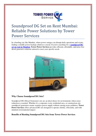 Soundproof DG Set on Rent Mumbai: Reliable Power Solutions by Tower Power Servic