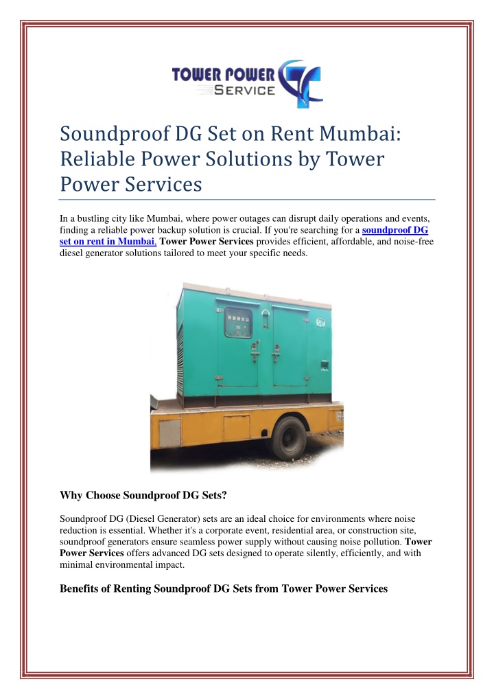 soundproof dg set on rent mumbai reliable power