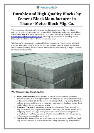 Cement Block Manufacturer in Thane by Metco Block Mfg. Co.