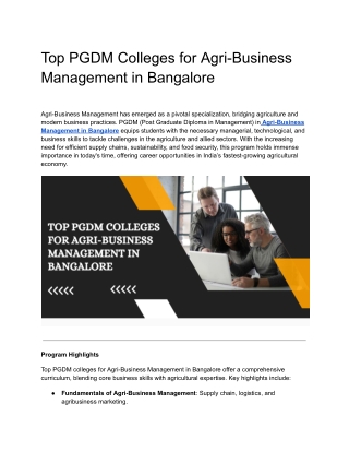 Top PGDM Colleges for Agri-Business Management in Bangalore