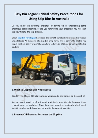 Easy Bin Logan: Critical Safety Precautions for Using Skip Bins in Australia