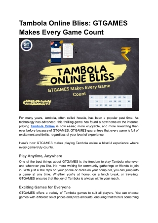 Tambola Online Bliss: GTGAMES Makes Every Game Count