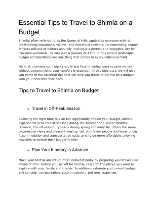 Essential Tips to Travel to Shimla on a Budget