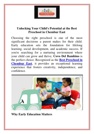 Unlocking Your Childs Potential at the Best Preschool in Chembur East