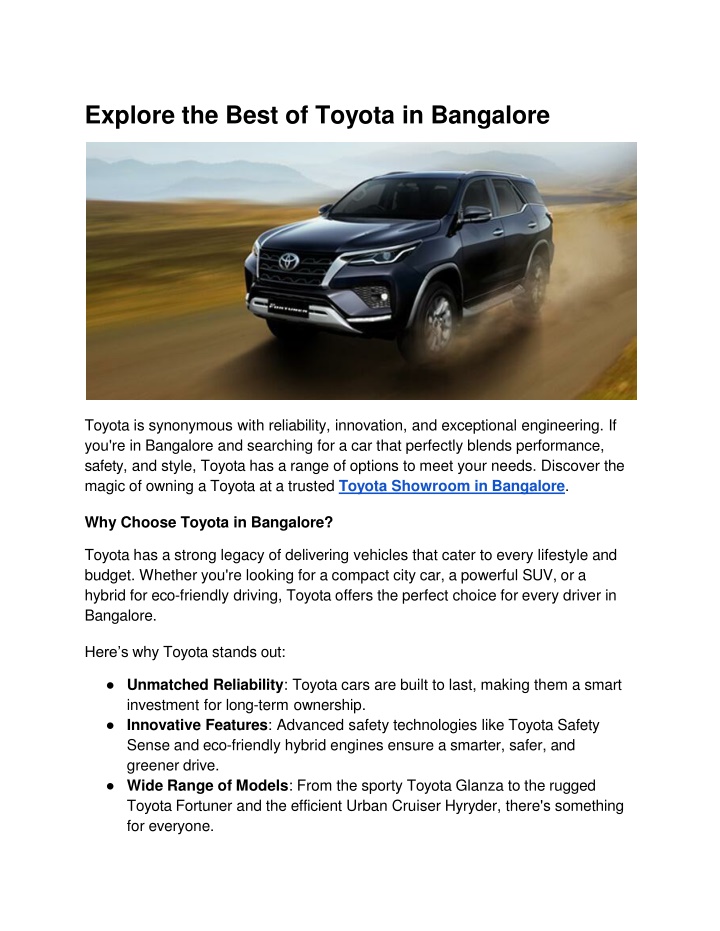 explore the best of toyota in bangalore