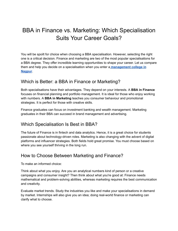 bba in finance vs marketing which specialisation