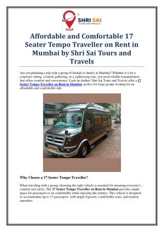 Rent a Spacious 17 Seater Tempo Traveller in Mumbai for Comfortable Travel