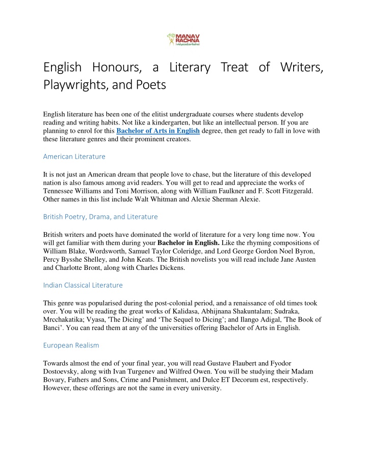 english honours a literary treat of writers