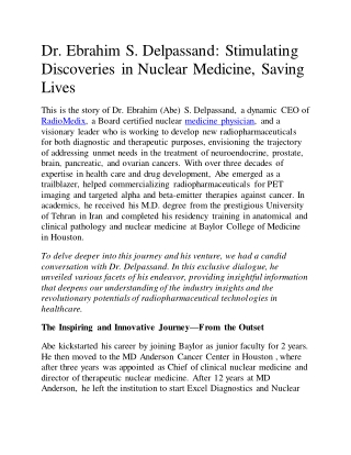 Dr. Ebrahim S. Delpassand: Stimulating Discoveries in Nuclear Medicine, Saving L