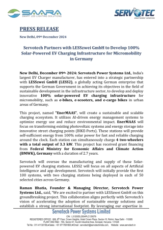 Press Release of Servotech Partnered with LESS2 for EV Charging Infrastructure i