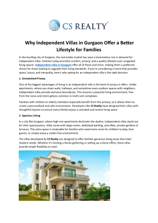 Why Independent Villas in Gurgaon Offer a Better Lifestyle for Families