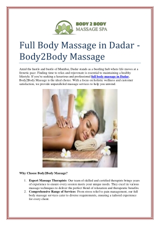 Full Body Massage in Dadar - Body2Body Massage