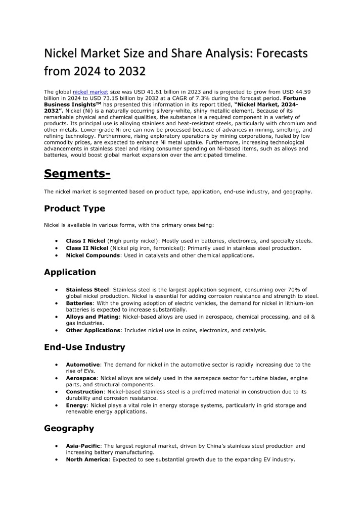 nickel market size and share analysis forecasts