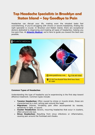 Top Headache Specialists in Brooklyn and Staten Island – Say Goodbye to Pain