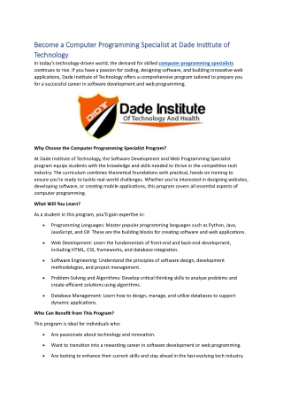 Become a Computer Programming Specialist at Dade Institute of Technology