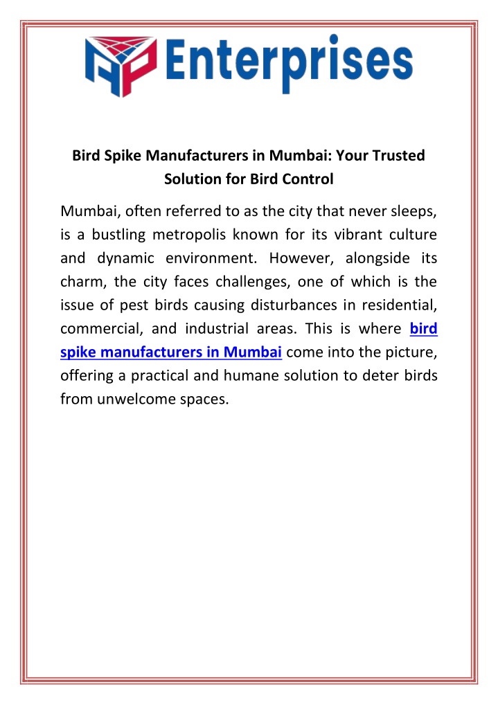 bird spike manufacturers in mumbai your trusted